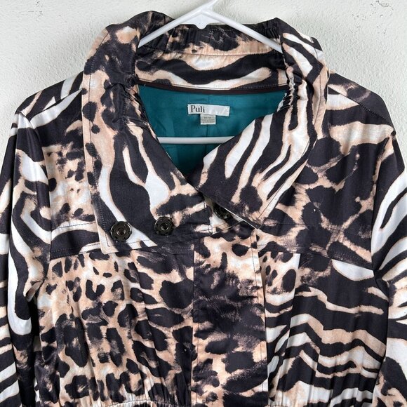 Puli Jacket Size M Black Tan Cinch Waist Zip Snap Animal Print Roll Tab Sleeve - Picture 2 of 13
